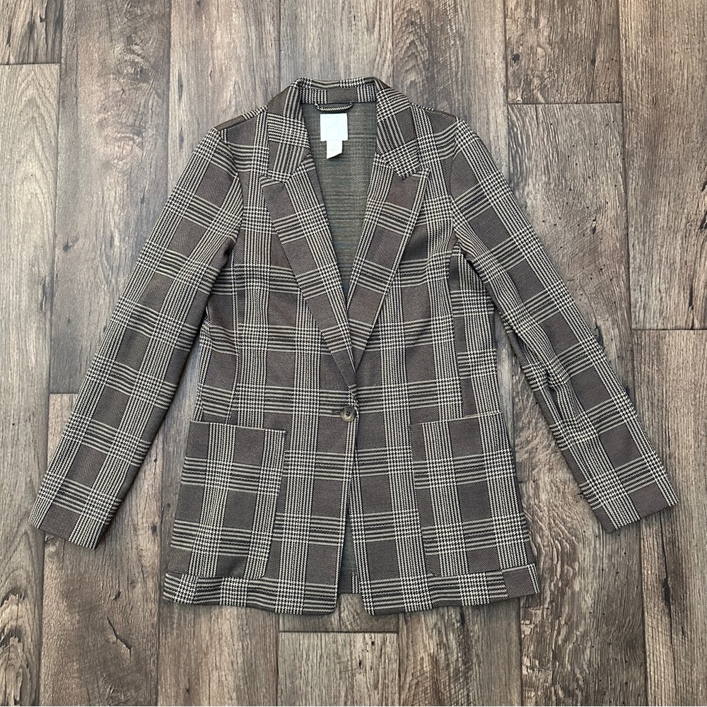 H&M Long Sleeve Long One Button Blazer Womens Size 4 Beige Tan Brown
